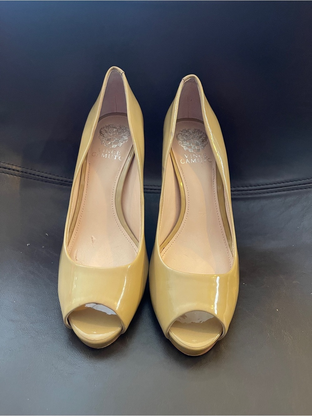 Vince Camuto Patent Peep-Toe Heels in Nude